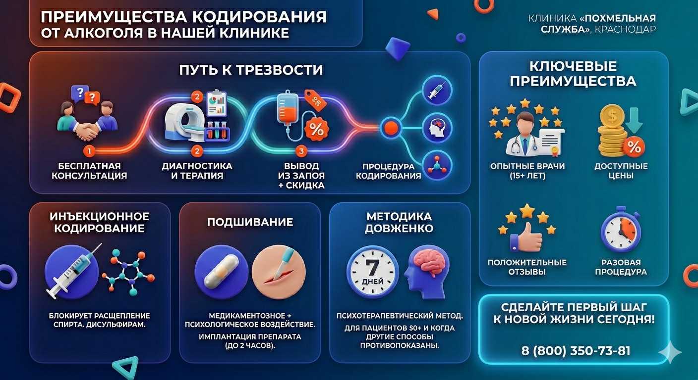Инфографика о методах кодирования от алкоголя в Бабаево: инъекции, подшивание, метод Довженко. Преимущества клиники и этапы лечения.